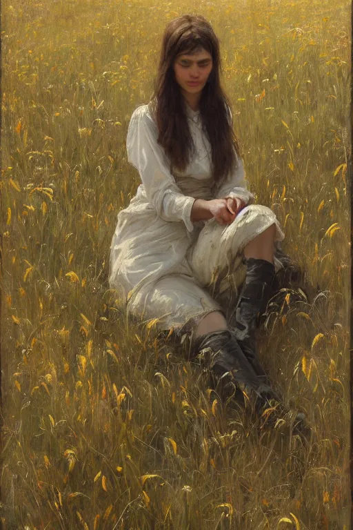 Image similar to Solomon Joseph Solomon and Richard Schmid and Jeremy Lipking painting full length portrait painting of a young woman in the hayfield