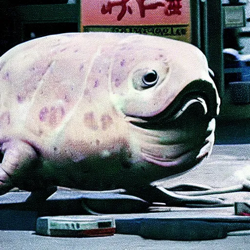 Image similar to a blobfish kaiju trashing a petrol station, cinematic, 35mm VHS copy film grain directed by David Lynch