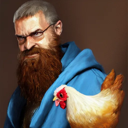 Prompt: a portrait of a wizard with his pet chicken by Johan Grenier, blue robe, long beard, ArtStation, realistic, detailed