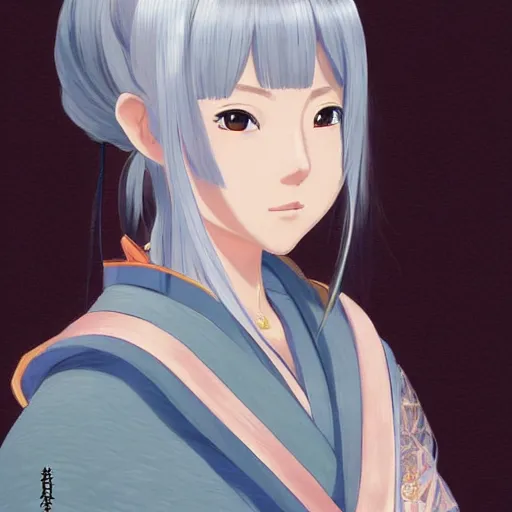 Image similar to Portrait of a japanese princess young lady, with white hair and bangs!!!! BLUE EYES, BLUE EYES beauty artwork by Makoto Shinkai, Studio Ghibli, white hair, ayaka genshin impact, ayaka, ayaka game genshin impact, ayaka, extremely detailed, beautiful, establishing shot, artistic, shadows, high quality, unreal engine, overwatch art team