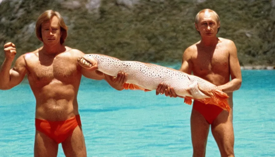 Image similar to 7 0 s movie still of putin in speedo, proudly holding a salmon, focus on eyes. cinestill 8 0 0 t _ 3 5 mm eastmancolor, heavy grain, high quality, high detail