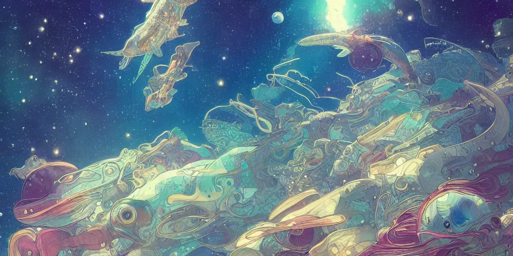 Image similar to !dream highly detailed digital of aquatic animals swimming in space, colorful nebulas , planets in the background, highly detailed, intricate design, cinematic view, 8k resolution, artstation, by Akihiko Yoshida, Alphonse Mucha, Moebius, Krenz Cushart