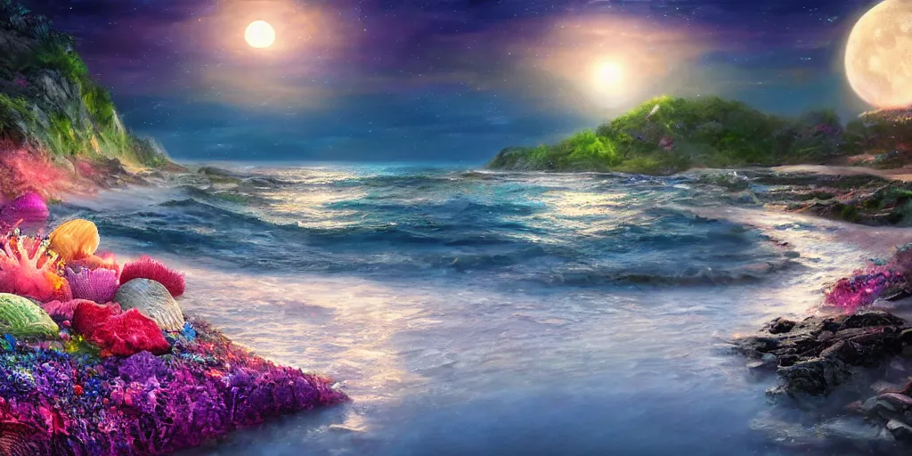 Image similar to a single glittering fairy beach cove at night full of crystals and magical glowing sea shells along the shore, a full moon, water and colorful flowers, extremely detailed oil painting, unreal 5 render, fantasy digital art, octane render, beautiful composition, trending on artstation, award-winning photograph, masterpiece