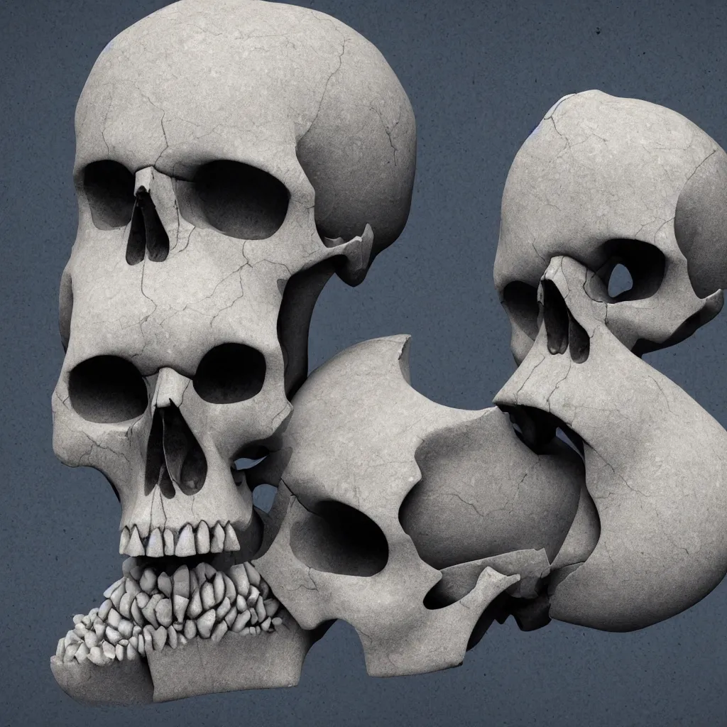 Prompt: octane render of a skull made out of marble, breaking into many pieces