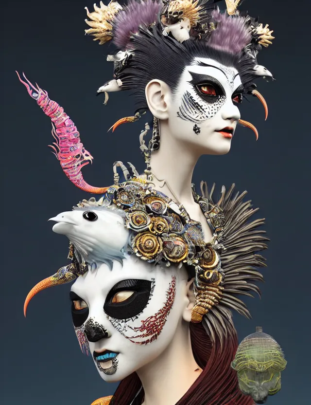 Image similar to 3 d goddess close - up profile portrait punk with mohawk with ram skull. beautiful intricately detailed japanese crow kitsune mask and clasical japanese kimono. betta fish, jellyfish phoenix, bio luminescent, plasma, ice, water, wind, creature, artwork by tooth wu and wlop and beeple and greg rutkowski