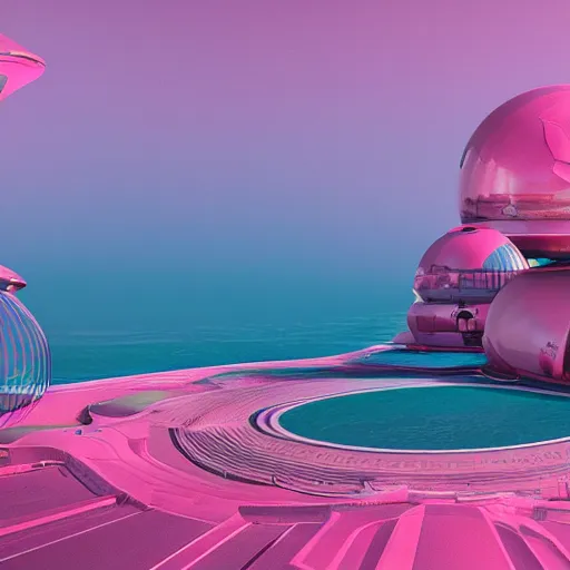 Prompt: panorama,utopia,science fiction,bio-inspired,organic,sunny,fashion of future,retro wave, pink hues,octane render