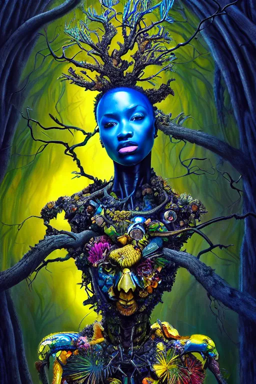 Image similar to hyperrealistic deconstructed super expressive! black woman with exoskeleton armor, merging with tree in a forest, highly detailed digital painting masterpiece smooth cam de leon hannah yata dramatic pearlescent blue yellow light ground angle hd 8k sharp focus