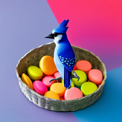 Image similar to A photograph of a (photorealistic blue jay) standing on a large basket of rainbow macarons.