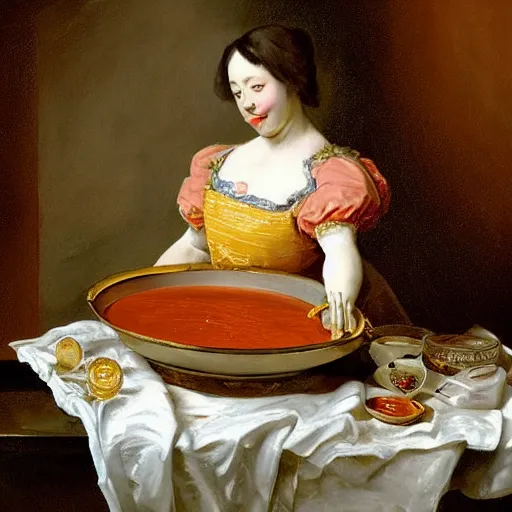 Image similar to by william hogarth graceful, opulent. in this performance art, the artist has used a photo - realist style to depict a can of soup. the can is placed on a plain background, & the artist has used bright, primary colors to create a striking image. the performance art is both realistic & abstract