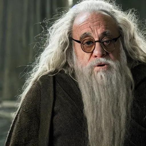 Prompt: movie still of danny devito starring as gandalf in the 2 0 2 6 lord of the rings movie