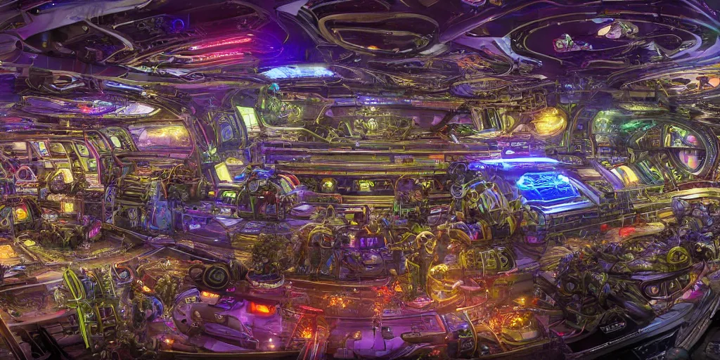 Image similar to a wide shot of a hi-tech sci-fi spaseship of epic proportions and intricate detail, with a lot of bright color lights, bridges, turrets, pipes, in deep space, photography, color, very detailed, realistic