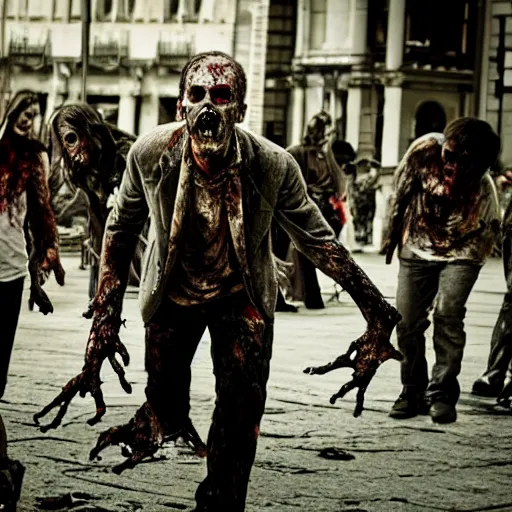 Image similar to zombie come to the square and very surprised that there's no human, film still, high detail, very long shot