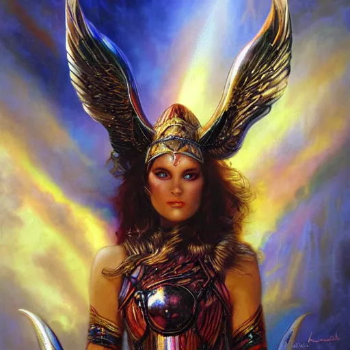 Prompt: valkyrie, norse goddess, volumetric light, global illumination, by karol bak, by lisa frank