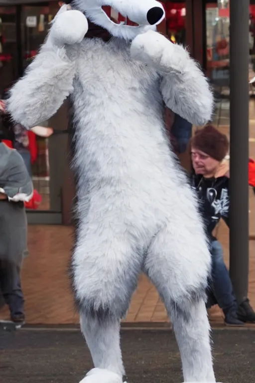 Image similar to an anthropomorphic wolf with a fluffy tail as a fursuit, cosplay