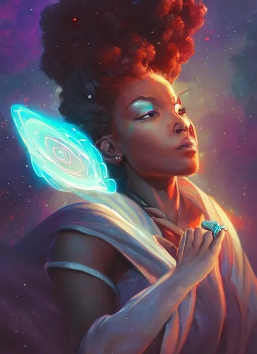 Image similar to beautiful black woman casting magical spells and using powers, digital illustration artstation, concept art, matte, sharp focus, illustration, dramatic exploding nebulae, hearthstone, art by artgerm and greg rutkowski and alphonse mucha