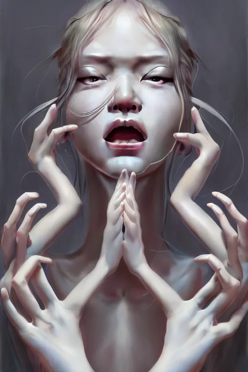 Image similar to hyperrealistic photography of a gorgeous girl staring at her hands and screaming in the style of jin kagetsu, james jean, chris cunninham, hans bellmer and wlop, highly detailed, face symmetry, masterpiece, award - winning, sharp focus, intricate concept art, ambient lighting, 8 k, artstation