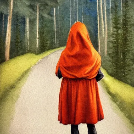 Prompt: Little Orange Riding Hood wear a dress in the valley, dark ambient beautiful, neoplasticism, 8k resolution, road into the forest with a lake, watercolor, detailed painting, art style by Edward Hopper daring, incredible, trending on Artstation