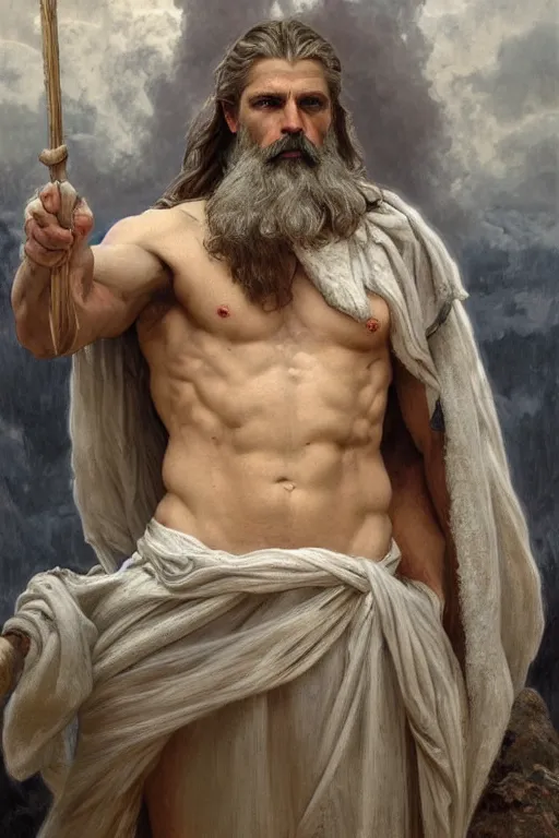 Image similar to painted portrait of rugged zeus, god of thunder, greek god, white hair, masculine, mature, handsome, upper body, flowy robe, muscular, hairy torso, fantasy, intricate, elegant, highly detailed, digital painting, artstation, concept art, smooth, sharp focus, illustration, art by gaston bussiere and alphonse mucha