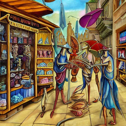 Image similar to Painting of human-sized Mantis religiosa shopping on a medival city market; fantasy; D&D; magic