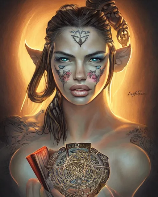 Prompt: close-up face centred portrait Adriana Lima as a female elf, body covered in floral tattoos and elfish runes , open magic book glowing, D&D, fantasy, highly detailed, digital art, fantasy illustration, trending on artstation, smooth, sharp focus, illustration, art by artgem and ROBERT HYNES