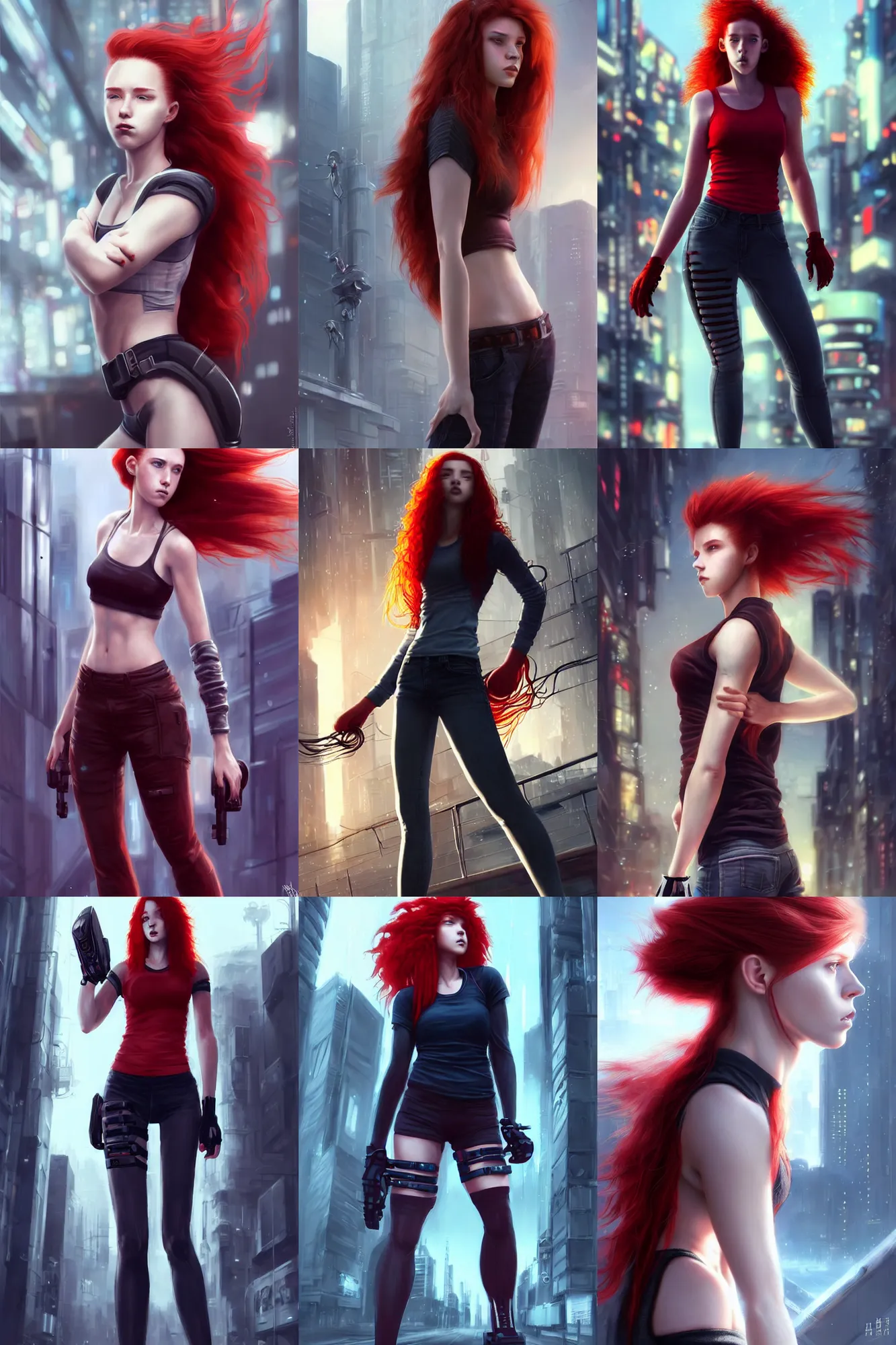 Prompt: beautiful cute athletic red haired eighteen year old young woman standing up, casual clothing, long!! hair, cyberpunk city, attractive face, dramatic pose, rpg character, sci - fi, intricate, elegant, digital painting, artstation, concept art, smooth, 8 k frostbite 3 engine, ultra detailed, art by artgerm and greg rutkowski and magali villeneuve
