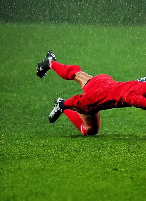 Prompt: epic cristiano ronaldo sliding across the grass after scoring a goal, hard rain, michael whelan