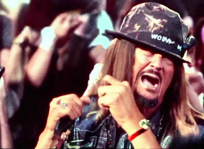 Prompt: polaroid movie still of kid rock crying during a concert in woketown