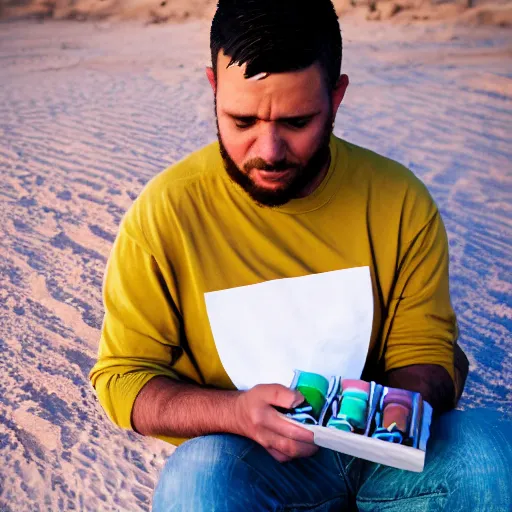 Image similar to portrait of a man wearing cameo, he ‘ s sitting in the desert eating some delicious crayons, beautiful composition, 5 0 mm f 1. 8, ambient light