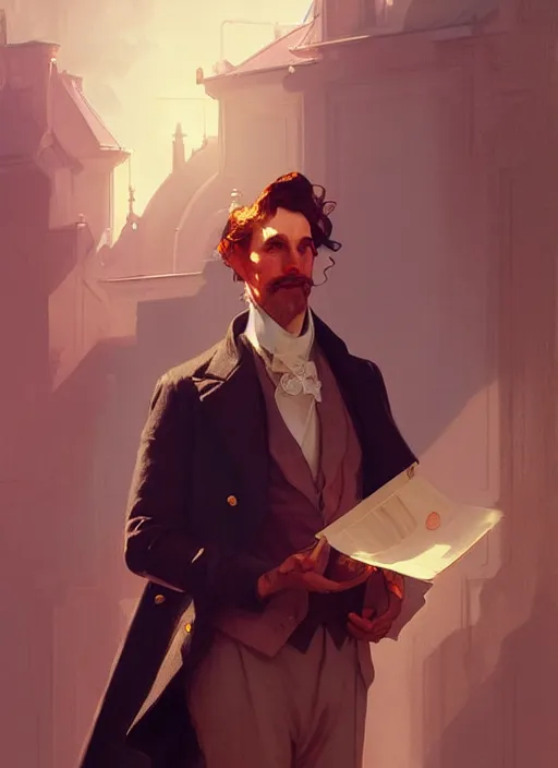 Image similar to english aristocrat talking to a painter, digital painting, artstation, concept art, smooth, sharp focus, illustration, art by artgerm and greg rutkowski and alphonse mucha