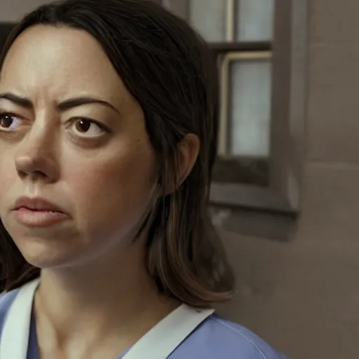 Prompt: detailed movie still of aubrey plaza as a nurse, really large bust, intricate features, 8 k, by greg rutkowski, artgerm, derelict schoolyard.