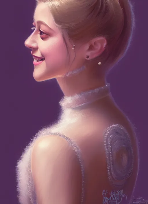 Image similar to portrait of lili reinhart with fluffy bangs, smiling kindly, bangs, 1 9 6 0 s, ponytail, curly bangs and ponytail, intricate, elegant, glowing lights, highly detailed, digital painting, artstation, concept art, smooth, sharp focus, illustration, art by wlop, mars ravelo and greg rutkowski