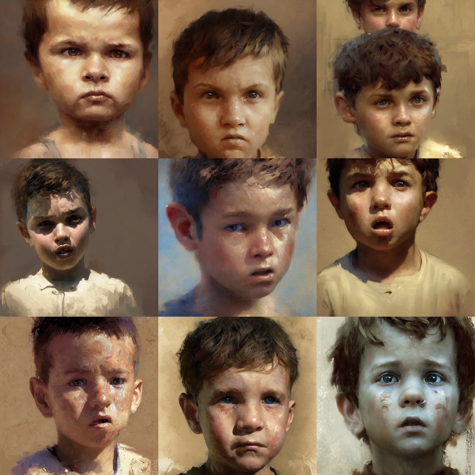 Prompt: digital art painting of a young boy with a thinking and surprised face expression painted by craig mullins and gaston bussiere and greg rutkowski, symmetrical facial features, symmetrical face, defined facial features, dramatic lighting, close up