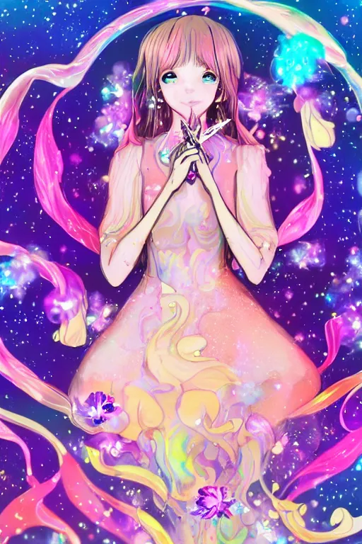 Image similar to psychedelic, whimsical, anime, 4k, beautiful intimate woman blowing smoke, with professional makeup, long trippy hair, a crystal and flower dress, sitting in a reflective pool, surrounded by gems, underneath the stars, rainbow fireflies, trending on patreon, deviantart, twitter, artstation, volumetric lighting, heavy contrast, art style of Ross Tran and Viktoria Gavrilenko and Ilya Kuvshinov