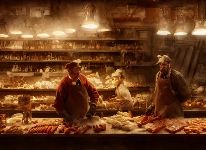 Prompt: the butcher working hard in a butcher shop full of people calling him, lit by candles, digital painting, artstation, concept art, craig mullins, breathtaking, 8 k resolution, extremely detailed, beautiful, establishing shot, artistic, hyperrealistic, octane render, cinematic lighting, dramatic lighting, masterpiece, light brazen, extremely detailed and beautiful face