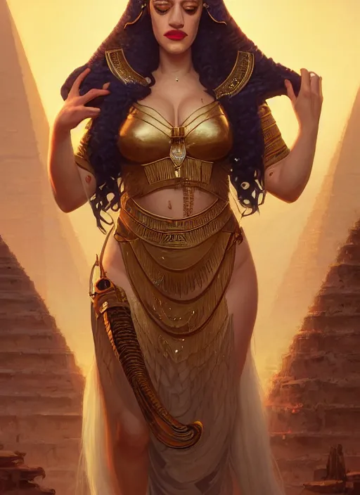 Image similar to Highly detailed portrait of Kat Dennings, as an Egyptian goddess, Stephen Bliss, unreal engine, fantasy art by Greg Rutkowski, Loish, Rhads, ferdinand knab, Makoto Shinkai and Lois van baarle, ilya kuvshinov, rossdraws, Tom Bagshaw, global illumination, detailed and intricate environment