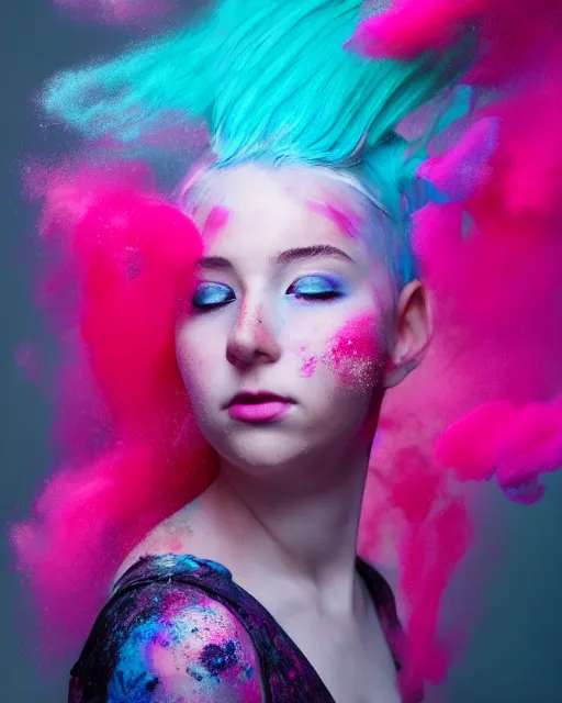 Image similar to a dramatic lighting photo of a beautiful young woman with cotton candy hair. paint splashes. with a little bit of cyan and pink