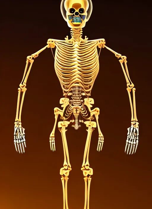 Prompt: full body rendering of a futuristic female golden mechanical skeleton with human face, wires, glowing internal light, hyperdetailed illustration by alex grey, intricate linework, faberge, intricate gold linework, dark atmosphere, unreal engine 5 highly rendered, global illumination, radiant light, detailed and intricate environment