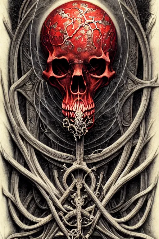 Prompt: detailed realistic memento mori lithograph, red smoke and ash, mixture of life and death, by cameron gray and ernst haeckel and beksinski dan mumford, gothic ornament, skulls, bones, art nouveau, neogothic, ornate botanicals, symmetry, polished, artstation