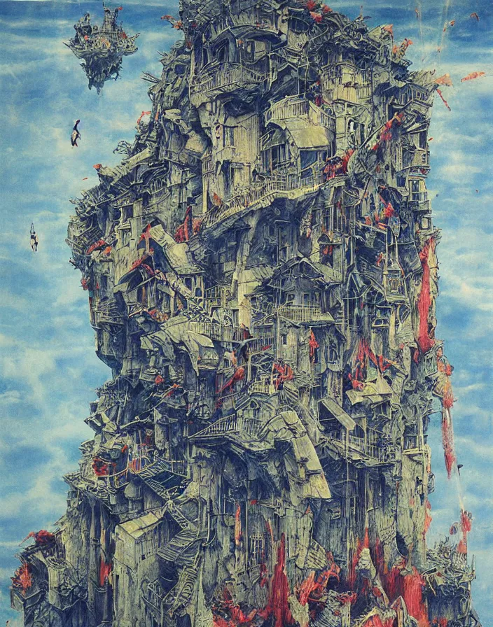 Image similar to worshippers in robes ascend a spiral staircase in a lighthouse, spiral staircase, high detailed beksinski painting, part by adrian ghenie and gerhard richter. art by takato yamamoto. masterpiece, deep colours, blue