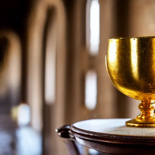 Prompt: macro shot of a gold goblet sitting on a table in the hall of a great castle