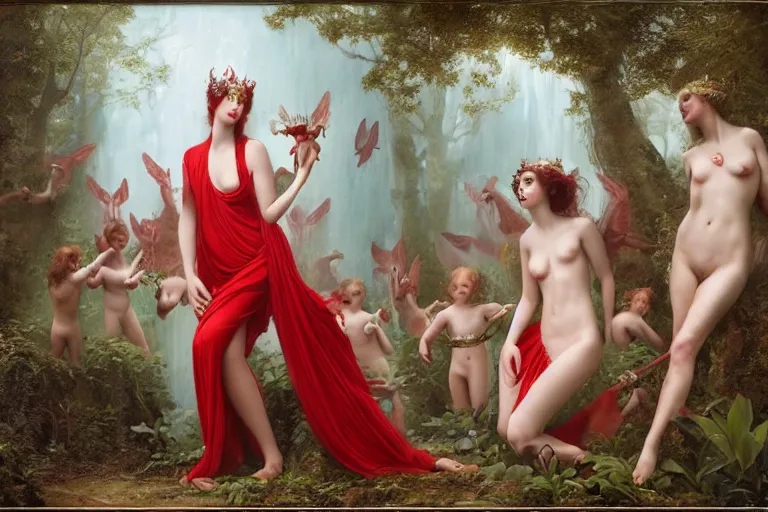 Image similar to the goddess of red solo cups surrounded by a court of nymphs, by tom bagshaw peter kemp