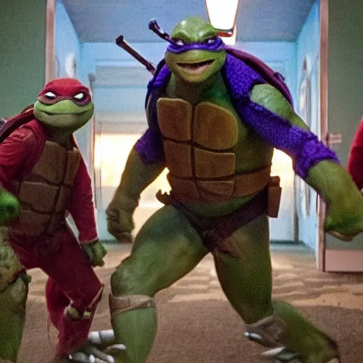 Image similar to movie still of Teenage Mutant Ninja Turtles in The Shining