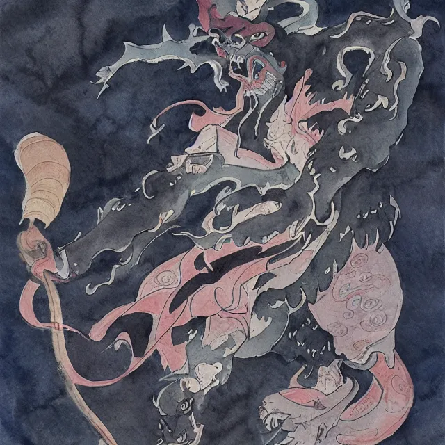 Image similar to watercolor painting of a chinese folklore blood shadow demon