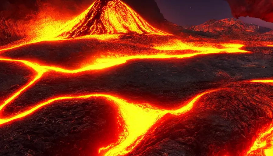 Image similar to a volcanic landscape, golden flowing lava, cinematic lighting, behance hd, trending on artstation, global illumination, radiating, a glowing aura, ray tracing, hdr, matte painting