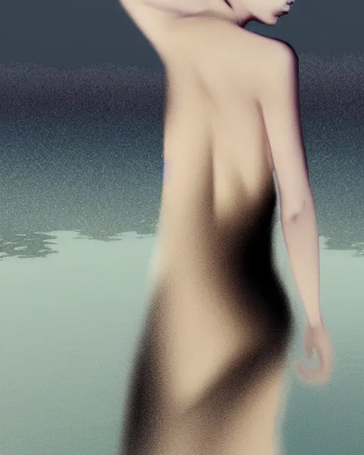 Prompt: closeup shot, flash long exposure of a back of asian woman fashion posing in the lake, minimal background, high fashion style, digital illustration by ruan jia, sharp focus, high details