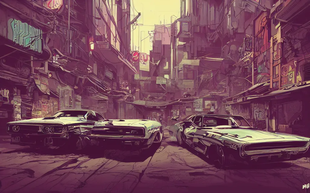 Image similar to very detailed, prophet graphic novel, ilya kuvshinov, mcbess, rutkowski, simon roy, illustration of a cyberpunk industrial alley with a muscle car, colorful, cinematic composition, studio lighting