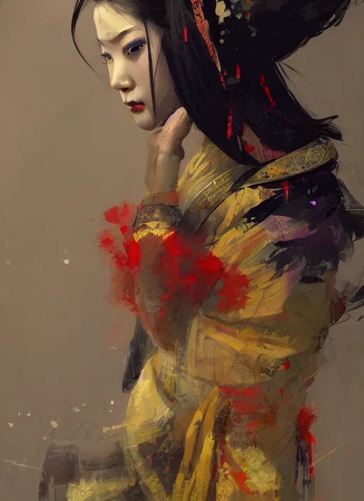 Image similar to female geisha girl, beautiful face, rule of thirds, intricate outfit, spotlight, colourful, by greg rutkowski, by jeremy mann, digital painting
