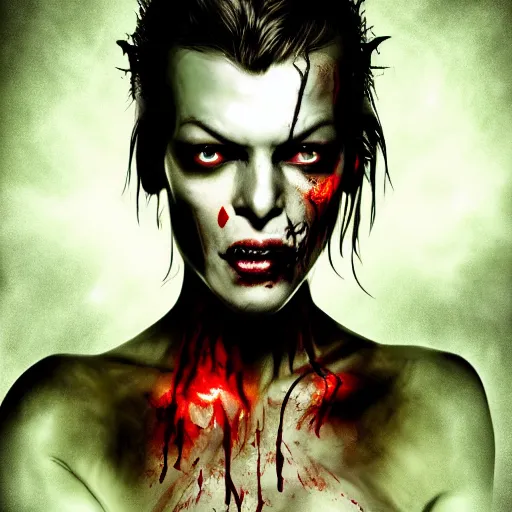 Image similar to angry zombie full body portrait of milla jovovich in an urban szene, grimdark horror, stylized digital illustration, radiating a glowing aura, global illumination, ray tracing, hdr, fanart arstation by ian pesty and katarzyna bek - chmiel