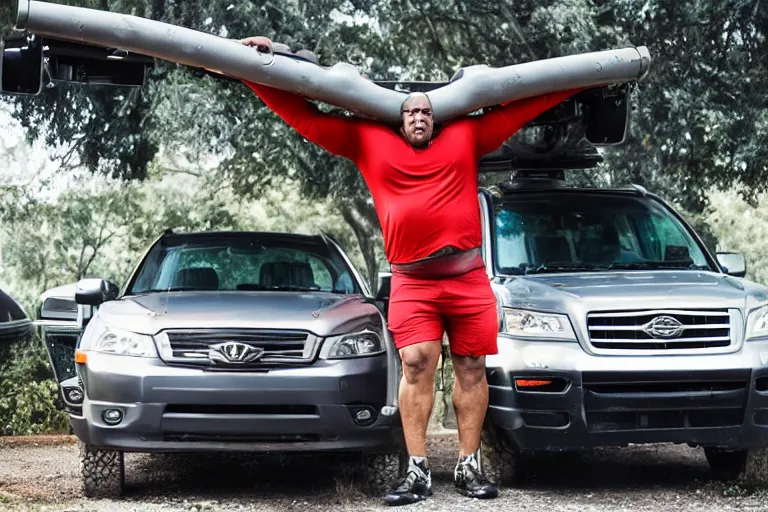 Prompt: a very large man with very strong muscles using both of his hands to hold a vehicle over his head