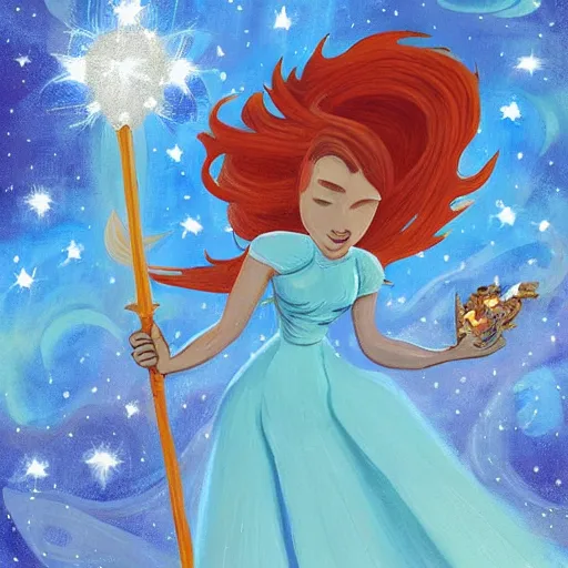 Image similar to The painting features a woman with wings made of stars, surrounded by a blue and white night sky. The woman is holding a staff in one hand, and a star in the other. She is wearing a billowing white dress, and her hair is blowing in the wind. Dexter's Lab by Anton Fadeev manmade